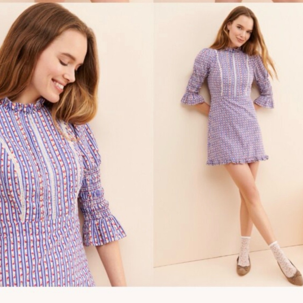 Laura Ashley Urban Outfitters Collab Striped and Floral Blue and Red Dress